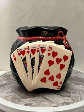 Harrahs Joliet Casino Hotel Poker Royal Flush Ceramic Coin Bank Money Bag Jar